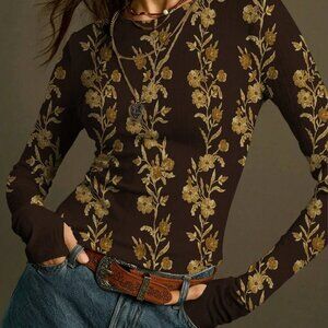 Coffee Brown Women's Casual Floral Long Sleeve T-Shirt